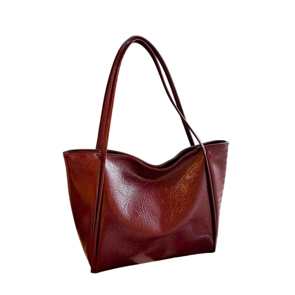 Burgundy Faux Leather Large Tote Bag High Shine Textured Shoulder Bag Dark Red